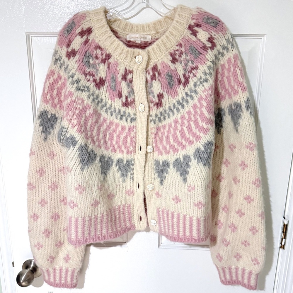 LoveShackFancy Alpaca Blend Fair Isle Heart Cardigan Pink Cream Size M